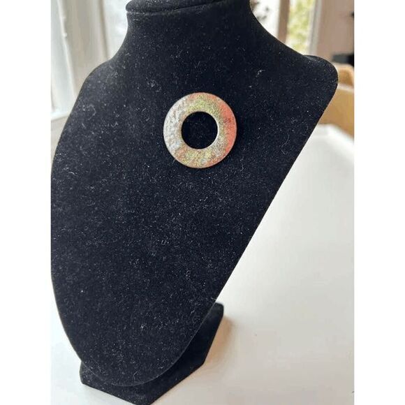 Vintage 90s Modernist Artisan Copper Enamel Painted Round Brooch - Picture 1 of 3